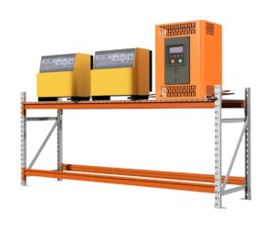 Acculaadstation, batterij en accu 2,25 m lang, 1 m hoog, 0,6 m diep.