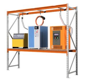 Acculaadstation, batterij en accu 2,25 m lang, 1 m hoog, 0,6 m diep.