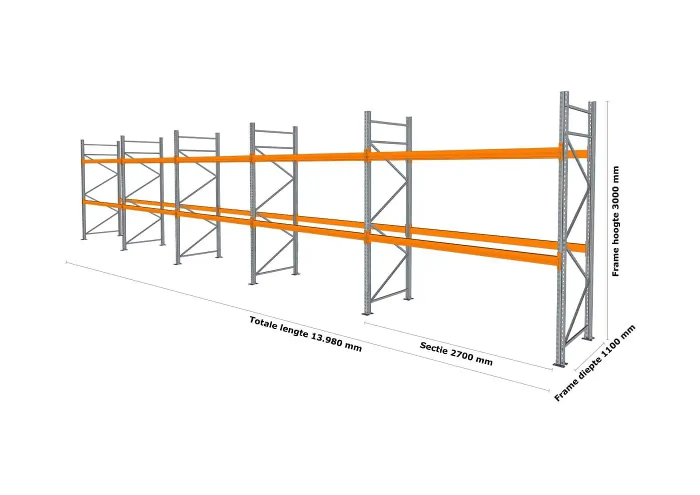14 M PALLETSTELLING 3 M HOOG VOOR 45 EUROPALLETS VAN 250 KG. - Afbeelding 2