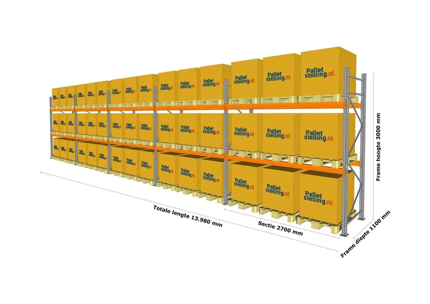 14 M PALLETSTELLING 3 M HOOG VOOR 45 EUROPALLETS VAN 250 KG. - Afbeelding 3