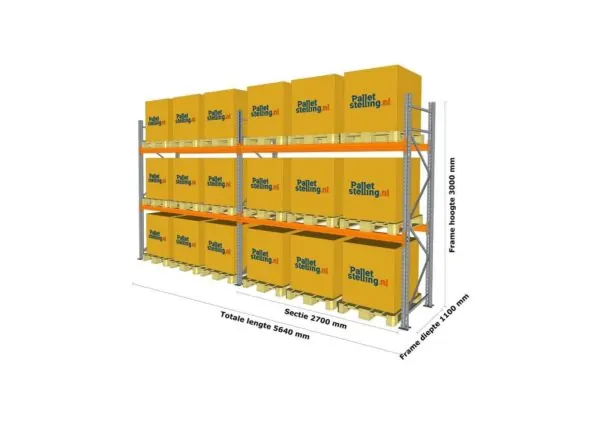 5,6 M PALLETSTELLING 3 M HOOG VOOR 18 EUROPALLETS VAN 500 KG. - Afbeelding 3