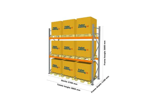 2,8 M PALLETSTELLING 3 M HOOG VOOR 9 EUROPALLETS VAN 1000 KG. - Afbeelding 3