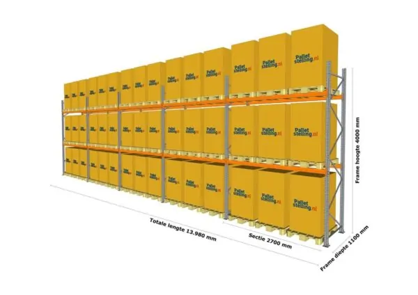 14 M PALLETSTELLING 4 M HOOG VOOR 45 EUROPALLETS VAN 250 KG. - Afbeelding 3