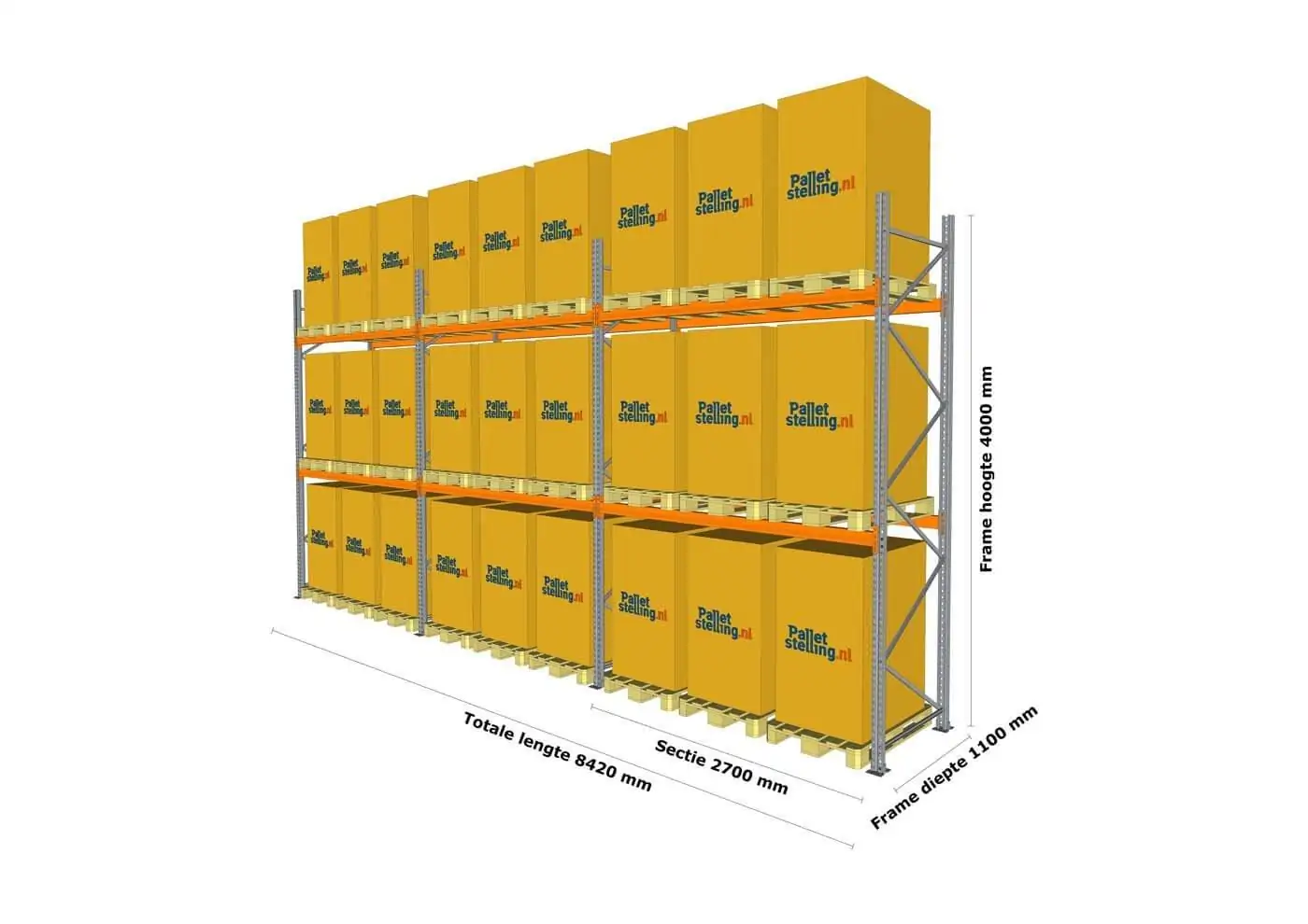 8,4 M PALLETSTELLING 3 M HOOG VOOR 27 EUROPALLETS VAN 750 KG. - Afbeelding 4