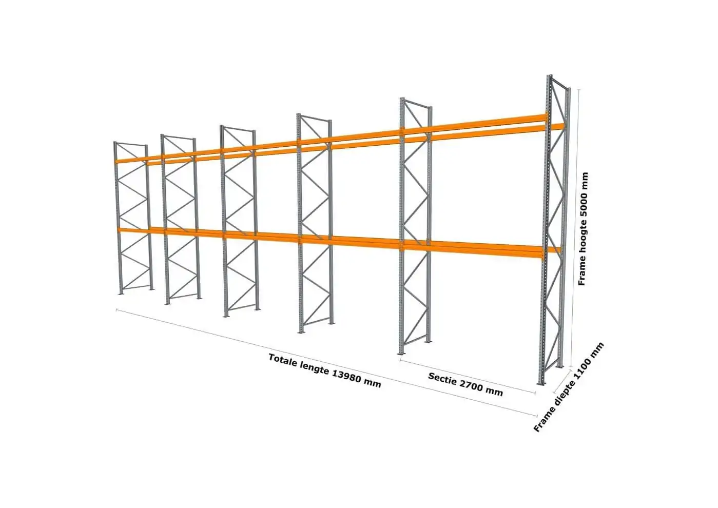 14 M PALLETSTELLING 5 M HOOG VOOR 45 EUROPALLETS VAN 250 KG. - Afbeelding 2