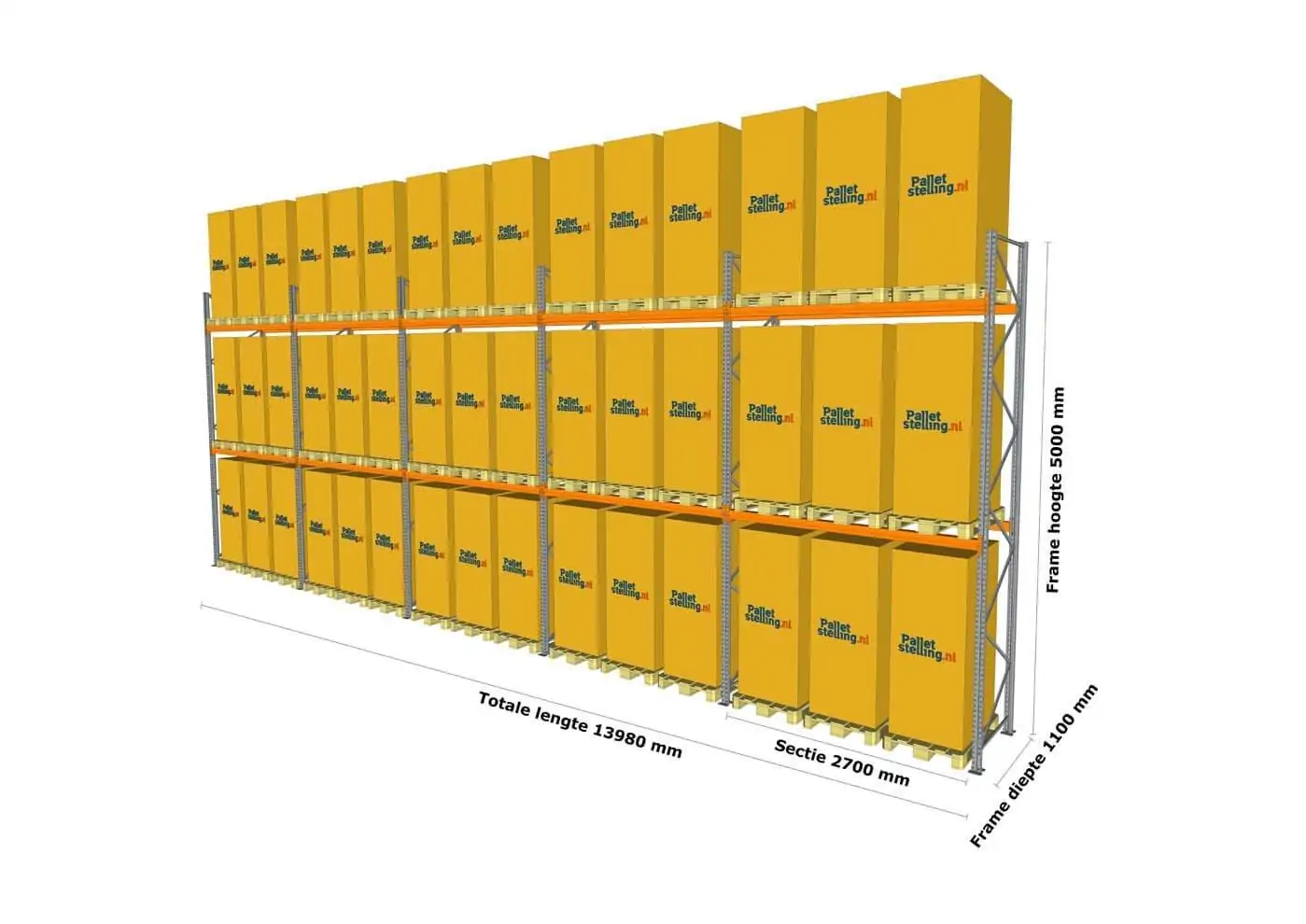 14 M PALLETSTELLING 5 M HOOG VOOR 45 EUROPALLETS VAN 250 KG. - Afbeelding 3