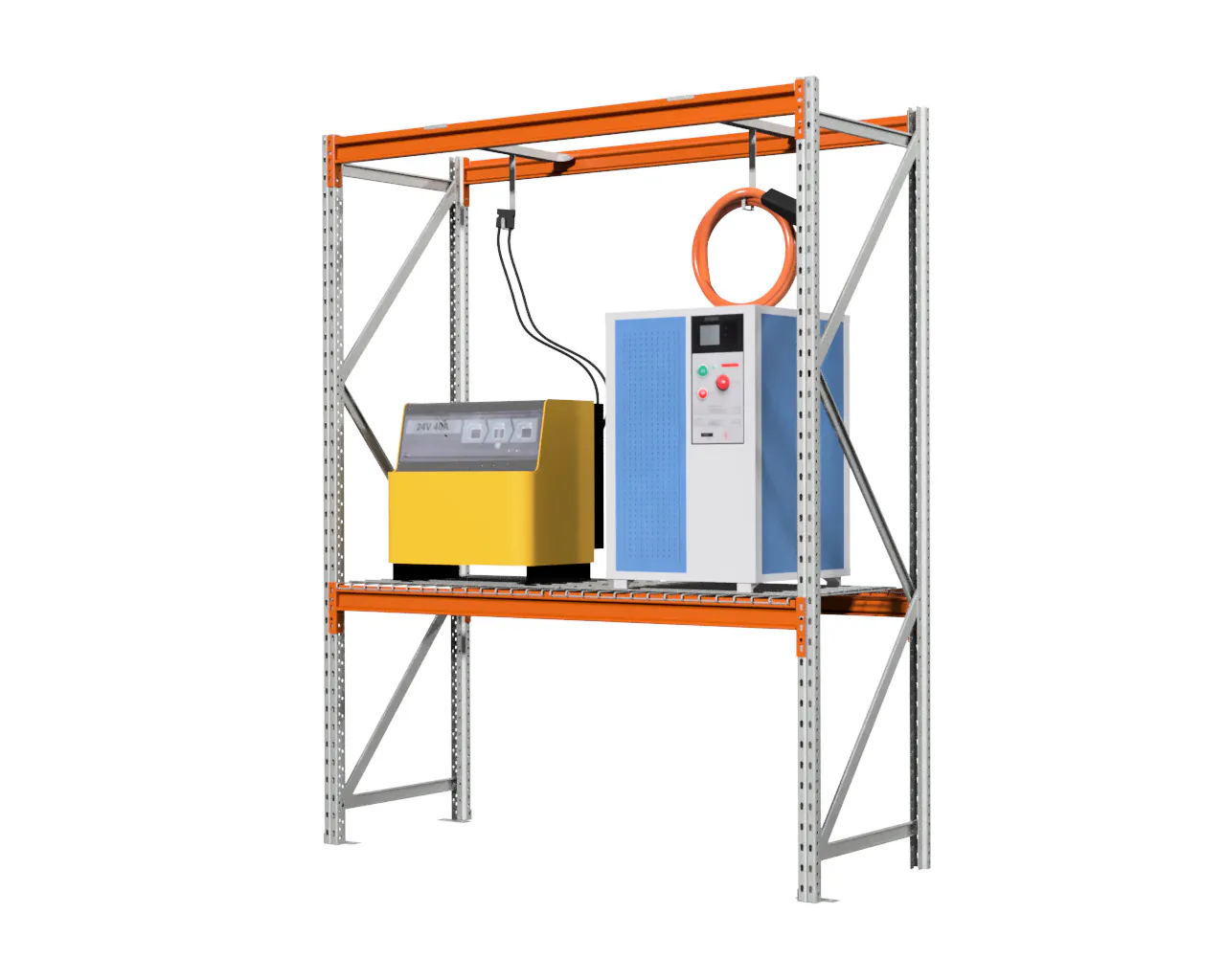 Acculaadstation, batterij en accu 1,5 m lang, 2 m hoog, 0,6 m diep